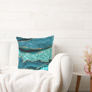 Agate Teal Blue Gold Glitter Marble Aqua Turquoise Throw Pillow