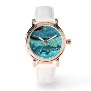 Agate Teal Blue Gold Glitter Marble Aqua Turquoise Watch