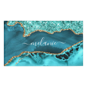 Agate Teal Blue Gold Glitter Marble Custom Name Name Tag