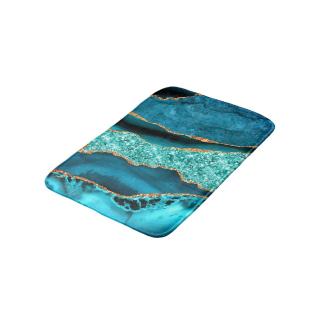 Agate Teal Blue Gold Marble Aqua Bath Mat (Angled)