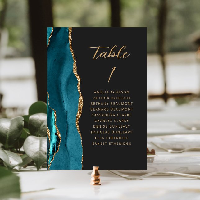 Agate Teal Blue Gold Modern Script Dark Wedding Table Number (Creator Uploaded)