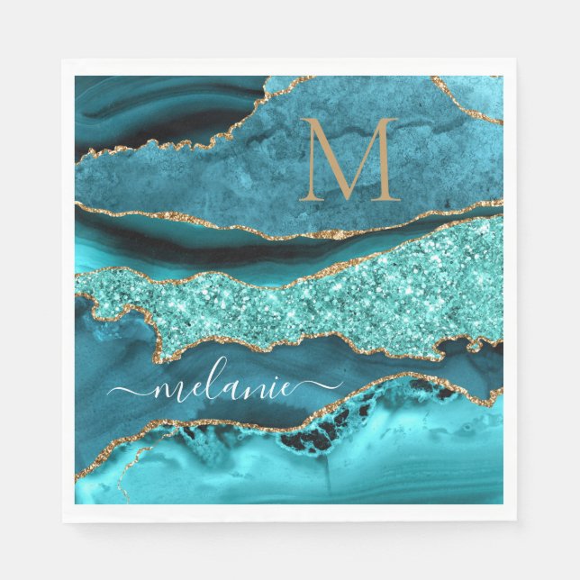 Agate Teal Blue Gold Name Letter Aqua Turquoise Napkin (Front)