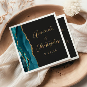 Agate Teal Blue Gold Script Dark Wedding Napkin