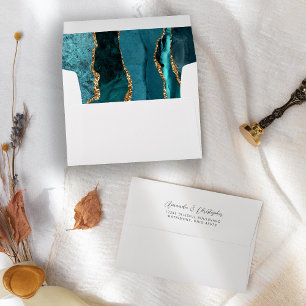 Agate Teal Blue Gold Script Wedding Envelope