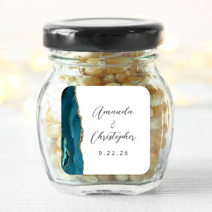 Agate Teal Blue Gold Script Wedding Square Sticker