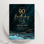 Agate Teal Gold 90th Birthday Invitation<br><div class="desc">Teal and gold agate 90th birthday party invitation. Elegant modern design featuring turquoise watercolor agate marble geode background,  faux glitter gold and typography script font. Trendy invite card perfect for a stylish women's bday celebration. Printed Zazzle invitations or instant download digital printable template.</div>