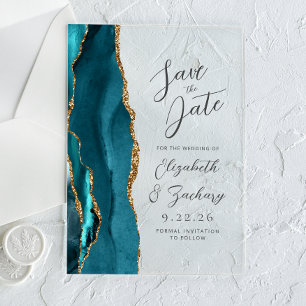 Agate Teal Gold Modern Script Wedding Acrylic Invitations