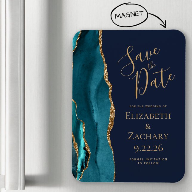 Agate Teal Gold Navy Blue Wedding Save the Date Magnet (Creator Uploaded)