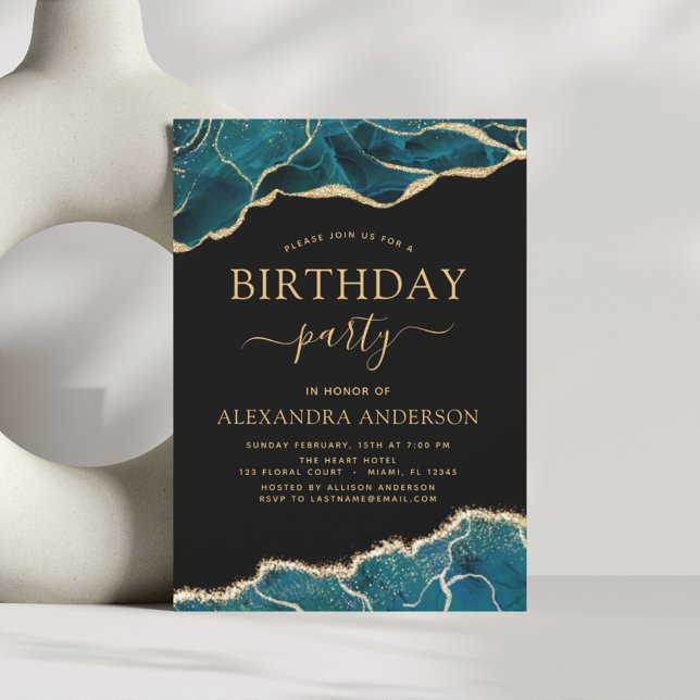 Agate Turquoise Birthday Party Teal Gold Blue Invi Invitation (Creator Uploaded)