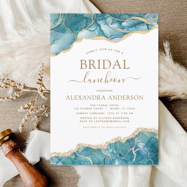 Agate Turquoise Bridal Shower Luncheon Teal Gold I Invitation (Creator Uploaded)