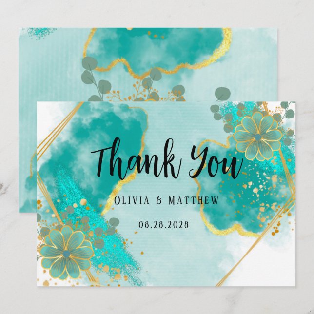 Agate Turquoise & Gold Floral Mariage Merci Cartes (Devant / Derrière)