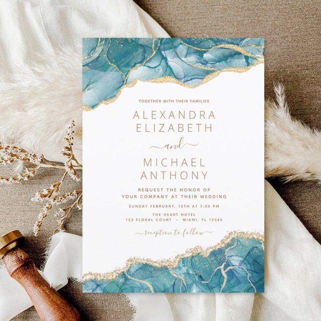 Agate Turquoise Teal Gold Blue Wedding Invitation (Creator Uploaded)
