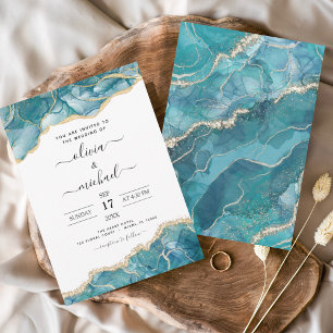 Agate Turquoise Teal Gold Wedding Invitation