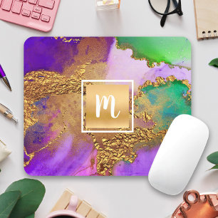 Agate watercolor gold purple aqua green monogram mouse pad