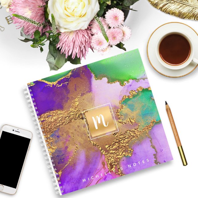 Agate watercolor gold purple aqua monogram square notebook (Creator Uploaded)