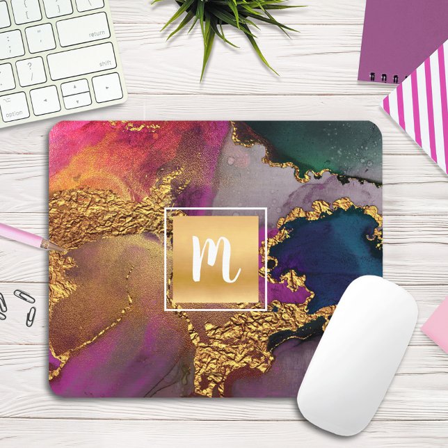 Agate watercolor gold purple blue green monogram mouse pad (Creator Uploaded)