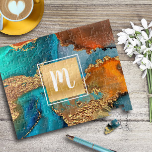 Agate watercolor monogram gold turquoise orange jigsaw puzzle