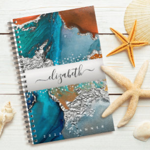 Agate watercolor silver turquoise orange script planner