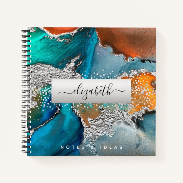 Agate watercolor silver turquoise orange square notebook (Front)