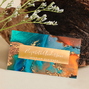 Agate watercolor turquoise gold orange modern business card