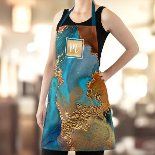 Agate watercolor turquoise gold orange monogram apron