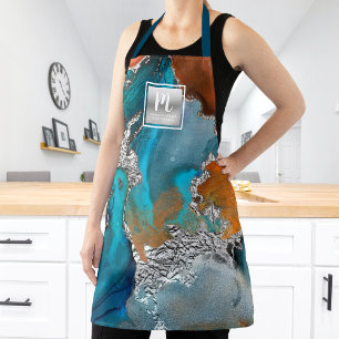 Agate watercolor turquoise silver salon monogram apron