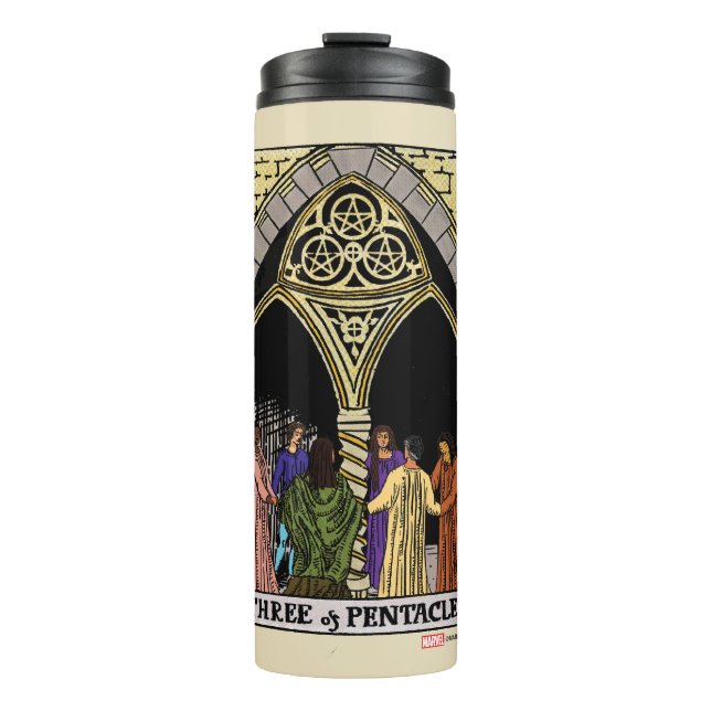 Agatha | Three of Pentacles Tarot Graphic Thermal Tumbler (Front)