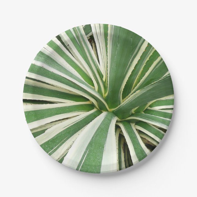 Agave Plant Green and White Striped Paper Plate (Front)