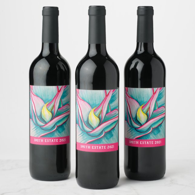 Agave succulent watercolor art  wine label (Bottles)