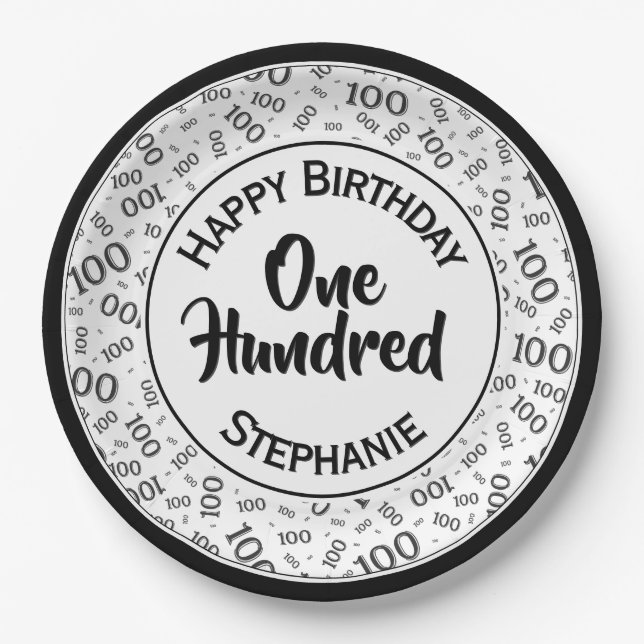 Age 100 Scattered Number Pattern Black/White Paper Plate (Front)