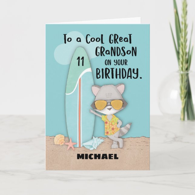 Age 11 Great Grandson Birthday Beach Funny Raccoon Card (Front)
