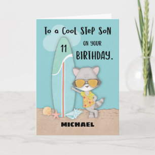 Age 11 Step Son Birthday Beach Funny Cool Raccoon Card
