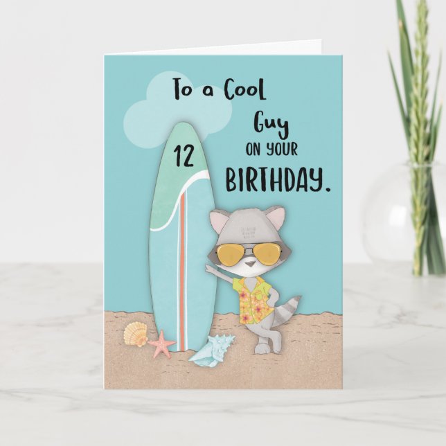 Age 12 Guy Birthday Beach Funny Cool Raccoon  Card (Front)