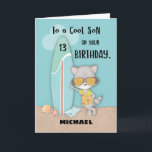 Age 13 Son Birthday Beach Funny Cool Raccoon  Card<br><div class="desc">A raccoon, surfboard and seashells can all be seen on the cover of this card. Also, the name Michael appears, but don’t worry you can always change that to the name of your handsome son who is about to celebrate his 13th birthday soon. He will surely love getting this card....</div>