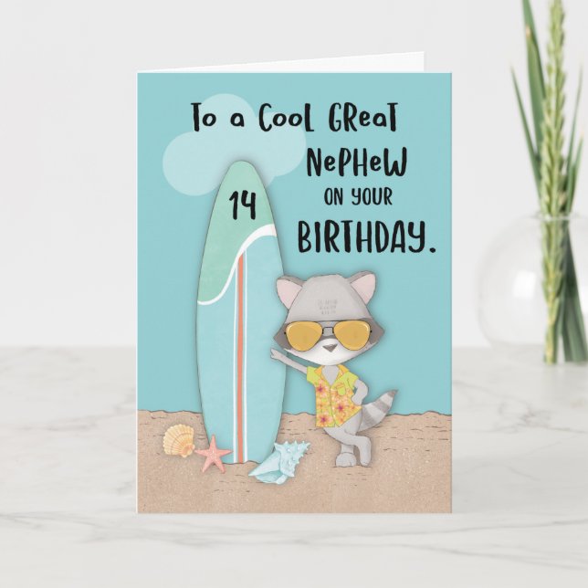 Age 14 Great Nephew Birthday Beach Funny Raccoon Card (Front)