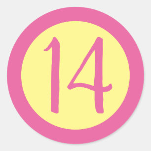 Age 14 Number Customizable Pink Text on Yellow Classic Round Sticker