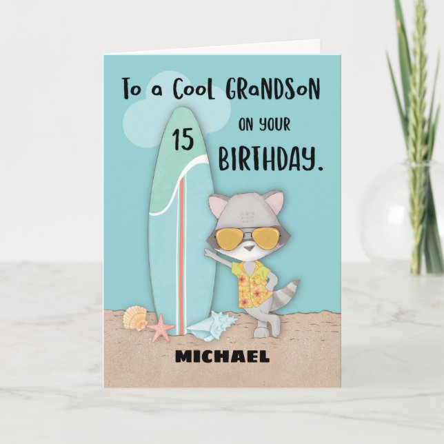 Age 15 Grandson Birthday Beach Funny Cool Raccoon Card (Front)