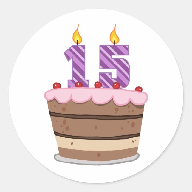 Age 15 on Birthday Cake Classic Round Sticker (Front)