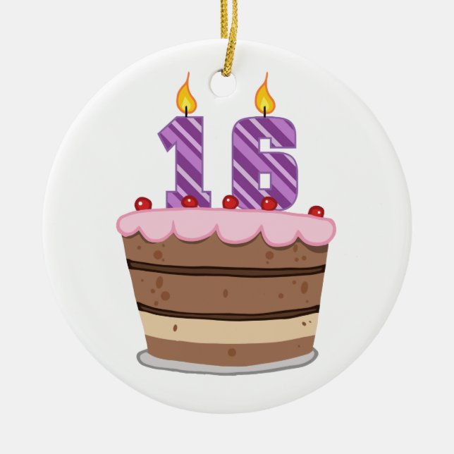 Age 16 on Birthday Cake Ceramic Ornament (Front)