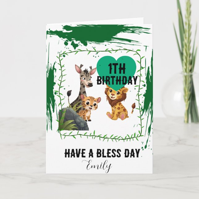 Age 1 green Jungle animals birthday  Card (Front)