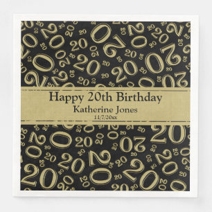 Age 20 Random Number Pattern Black/Gold Napkin