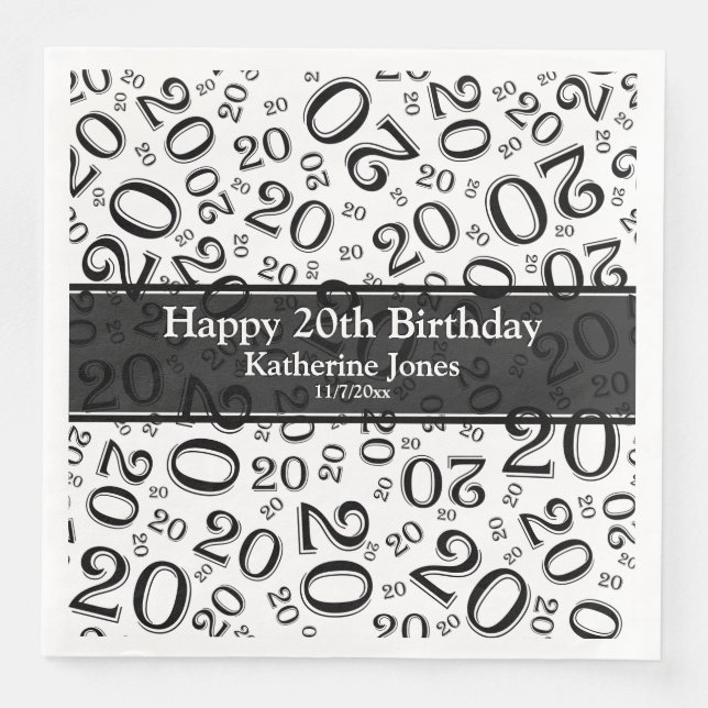 Age 20 Random Number Pattern Black/White Napkin (Front)