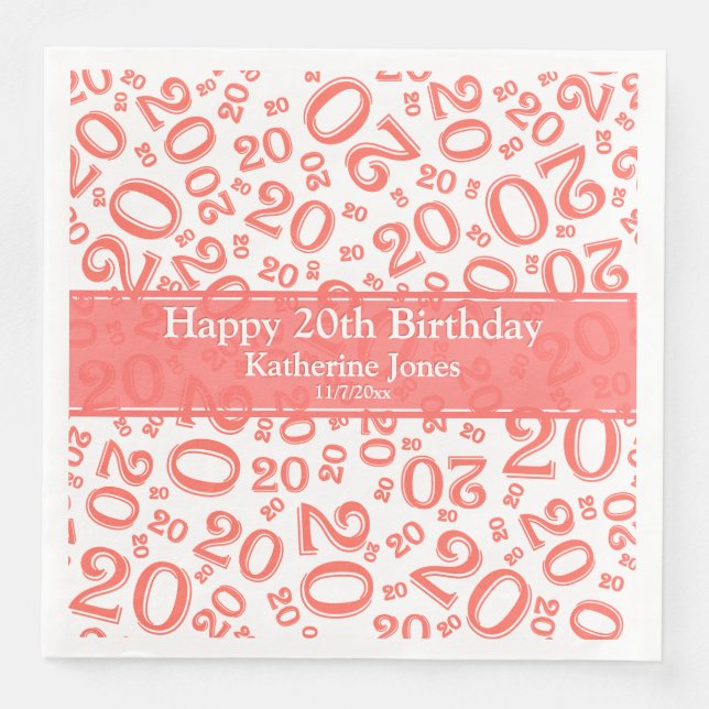 Age 20 Random Number Pattern Coral/White Napkin (Front)