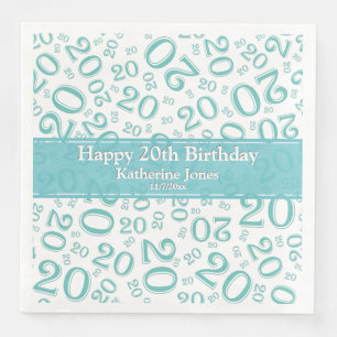 Age 20 Random Number Pattern Teal/White Napkin