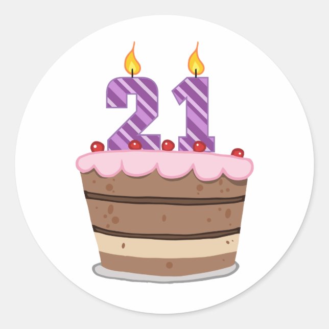 Age 21 on Birthday Cake Classic Round Sticker (Front)