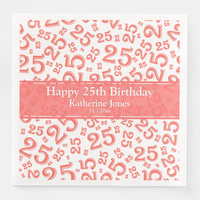 Age 25 Random Number Pattern Coral/White Napkin (Front)