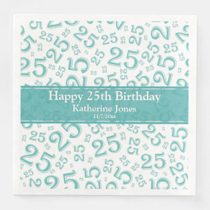 Age 25 Random Number Pattern Teal/White Napkin