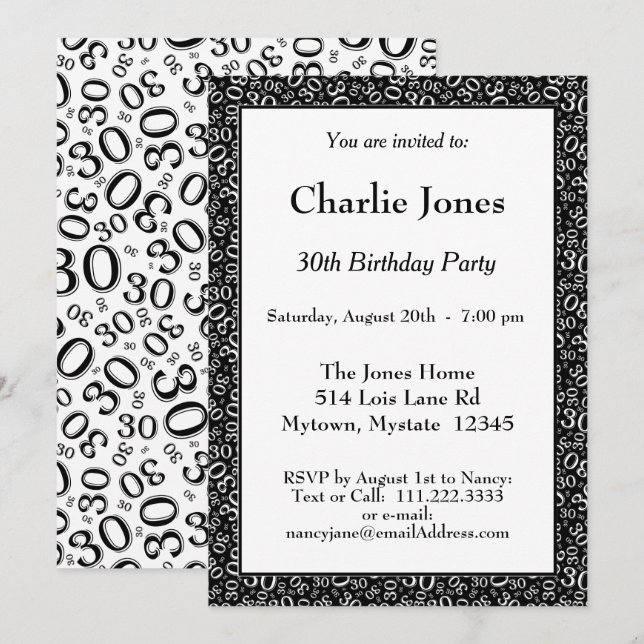 Age 30 Random Number Pattern Black/White 30th Invitation (Front/Back)