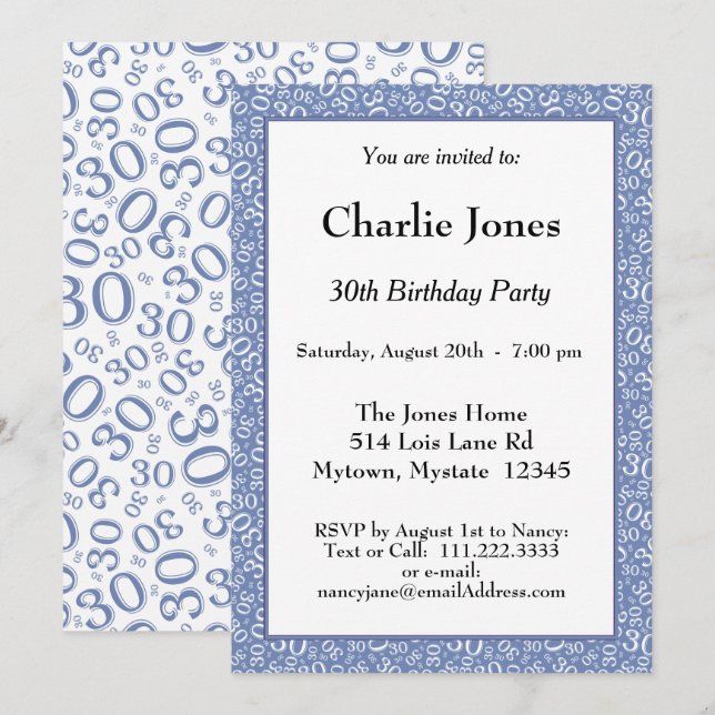 Age 30 Random Number Pattern Blue/White 30th Invitation (Front/Back)