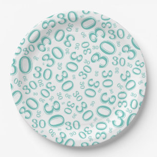 Age 30th Random Number Pattern Teal/White Paper Plate